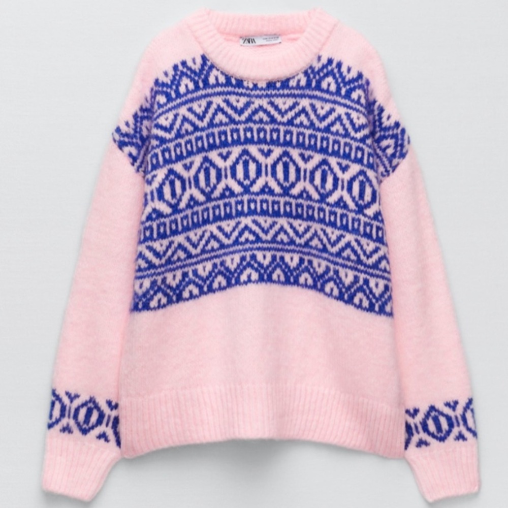 ZARA BUBBLEGUM PINK & BLUE KNIT SWEATER | CREW NECK | LONG SLEEVES | M - Picture 8 of 12